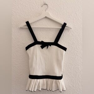 ZARA Black & White Coquette Blouse with Bow Tie Neck